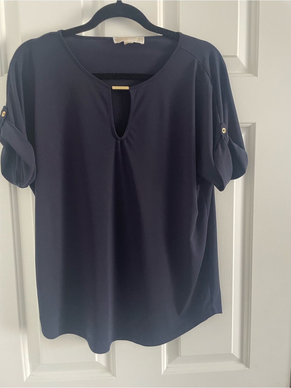 Michael Kors Navy Short Sleeve Keyhole Blouse with Gold Accent